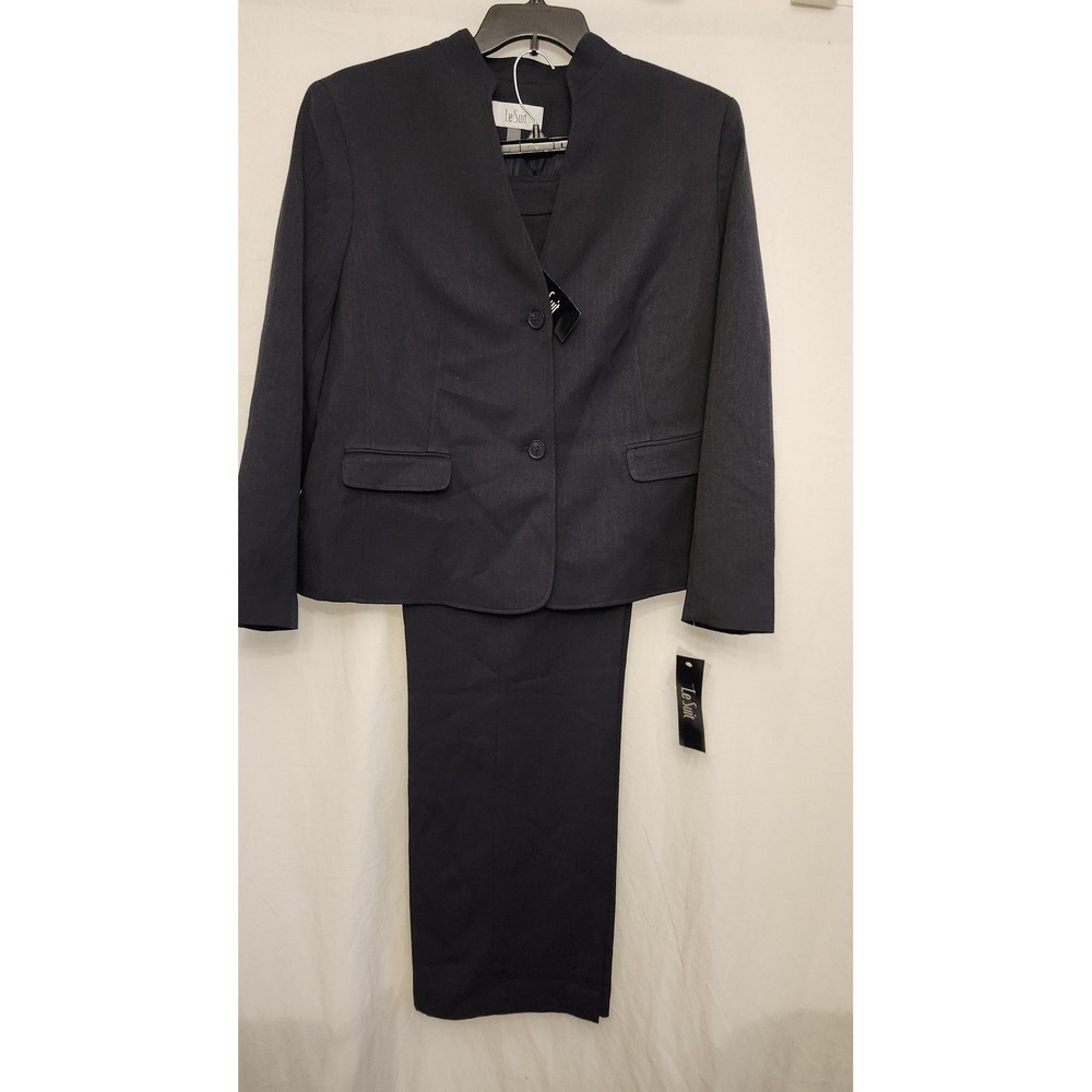 Le Suit Pantsuit Womens 18 Navy Heather 2 Piece Blazer Jacket Pants Career Work